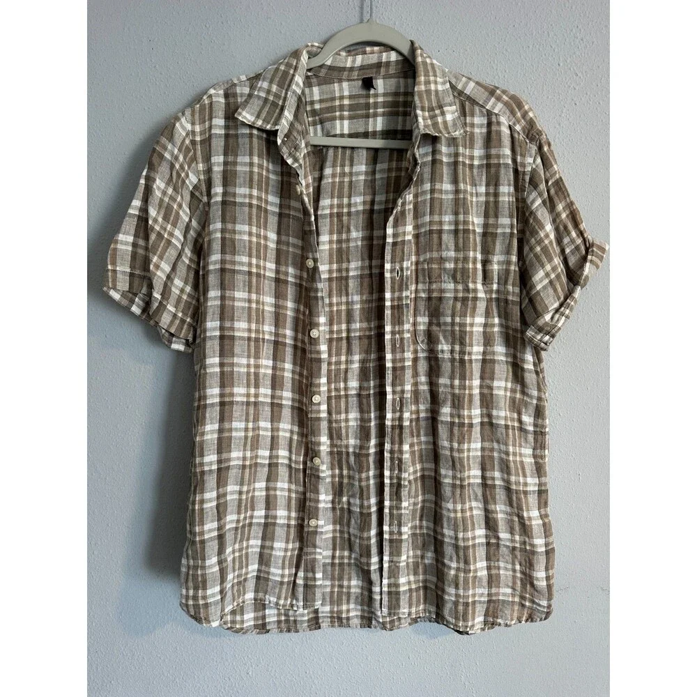 Men’s 100% Linen Shirt Plaid Brown Beige Button Up Casual Summer Lightweight M - Picture 2 of 8